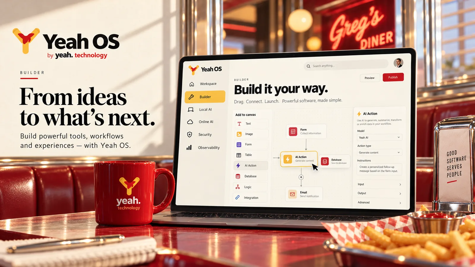 Visual concettuale del Builder YEAH! OS in un diner