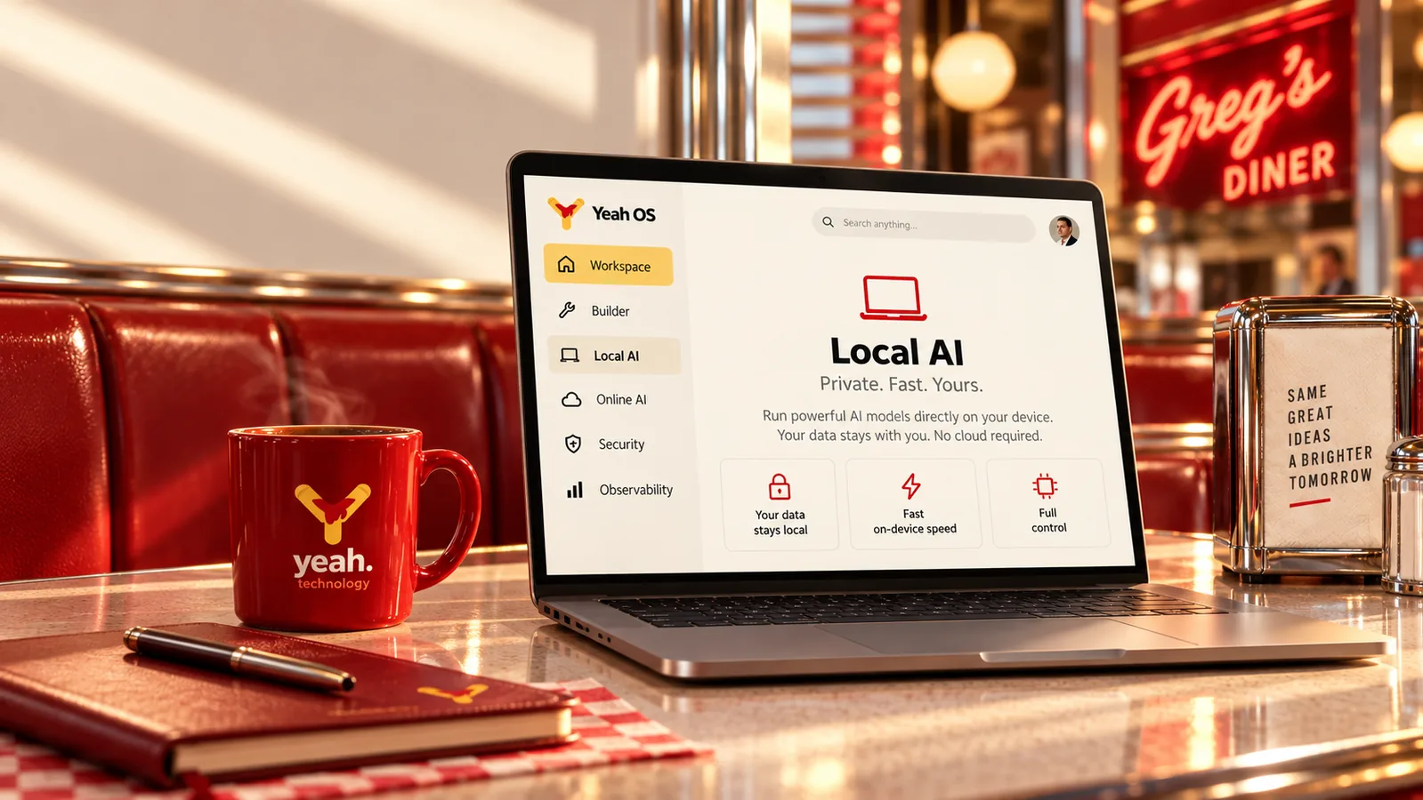Illustrazione editoriale di un'interfaccia Local AI su laptop