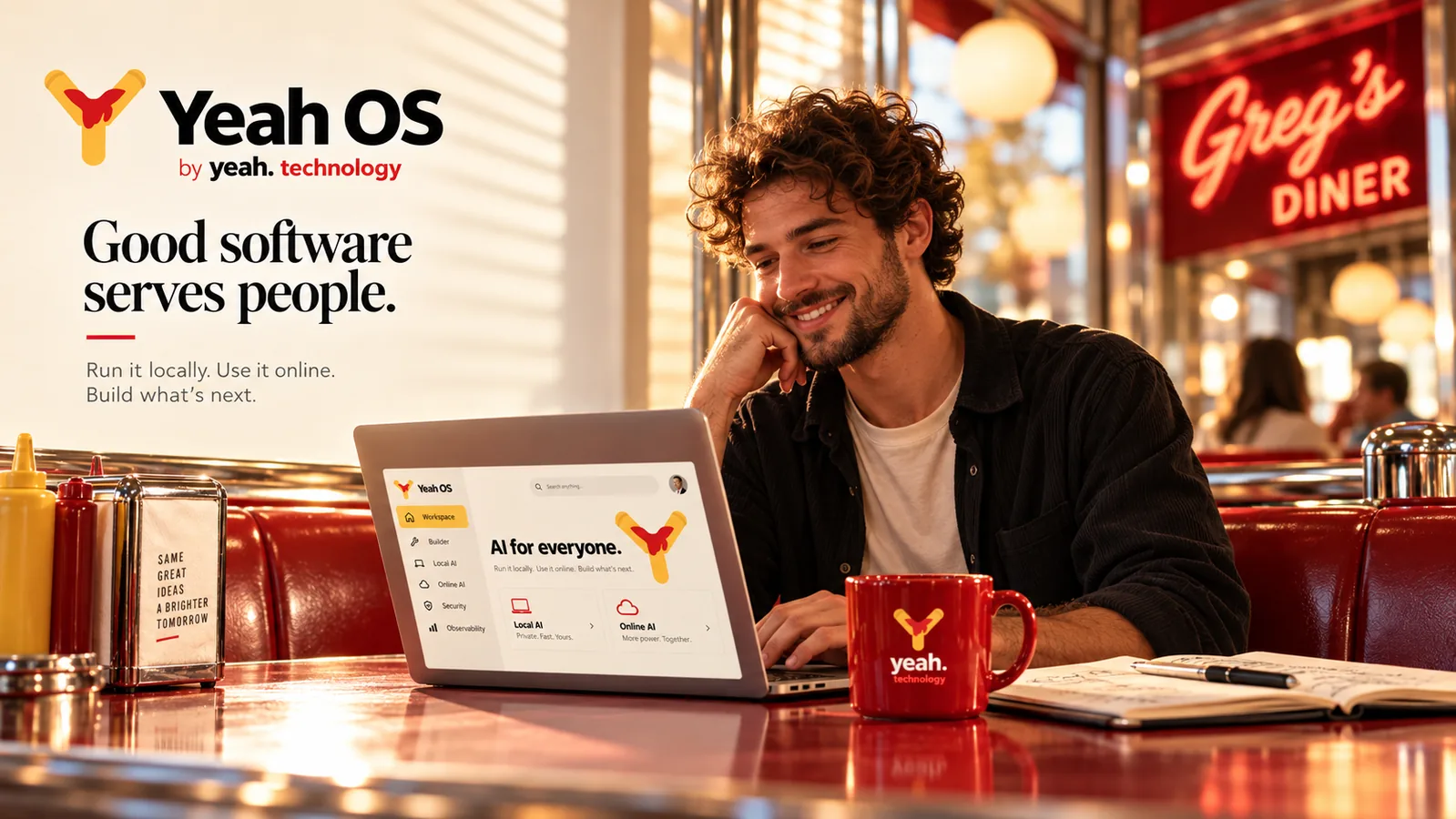 Persona al lavoro su un laptop in un diner luminoso